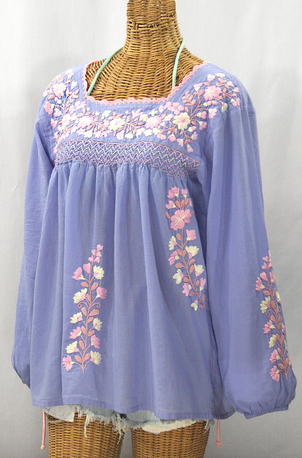 "La Marina Larga" Embroidered Long Sleeve Peasant Blouse - Periwinkle + Pink Mix