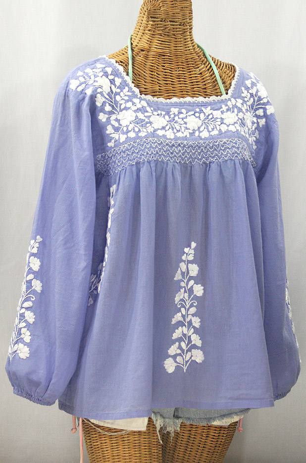 "La Marina Larga" Embroidered Long Sleeve Peasant Blouse - Periwinkle + White