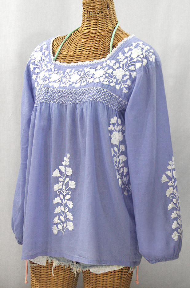 "La Marina Larga" Embroidered Long Sleeve Peasant Blouse - Periwinkle + White