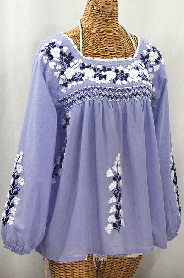 La Marina Larga Embroidered Long Sleeve Peasant Blouse - Periwinkle +  White and Navy