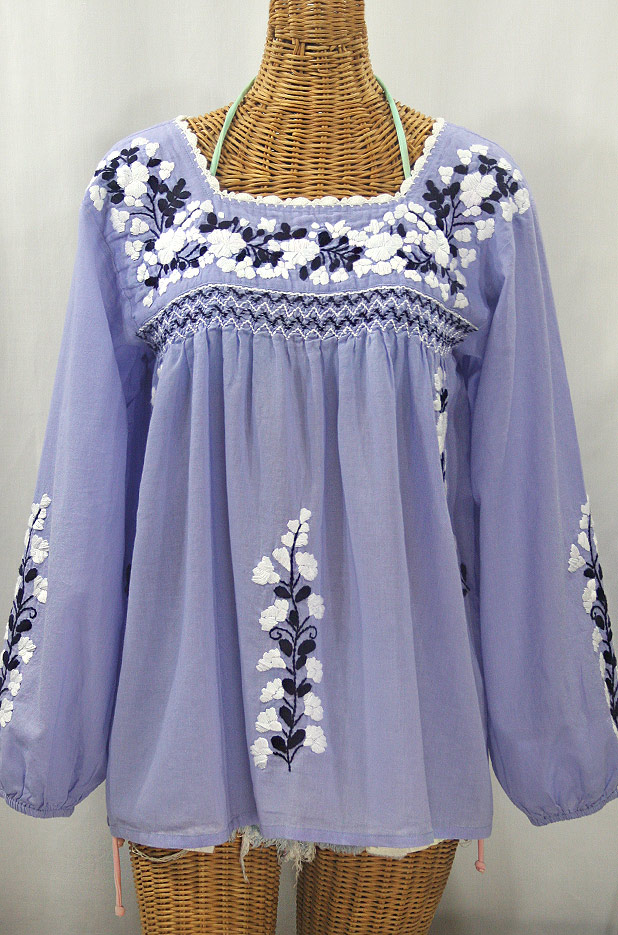 "La Marina Larga" Embroidered Long Sleeve Peasant Blouse - Periwinkle + White and Navy