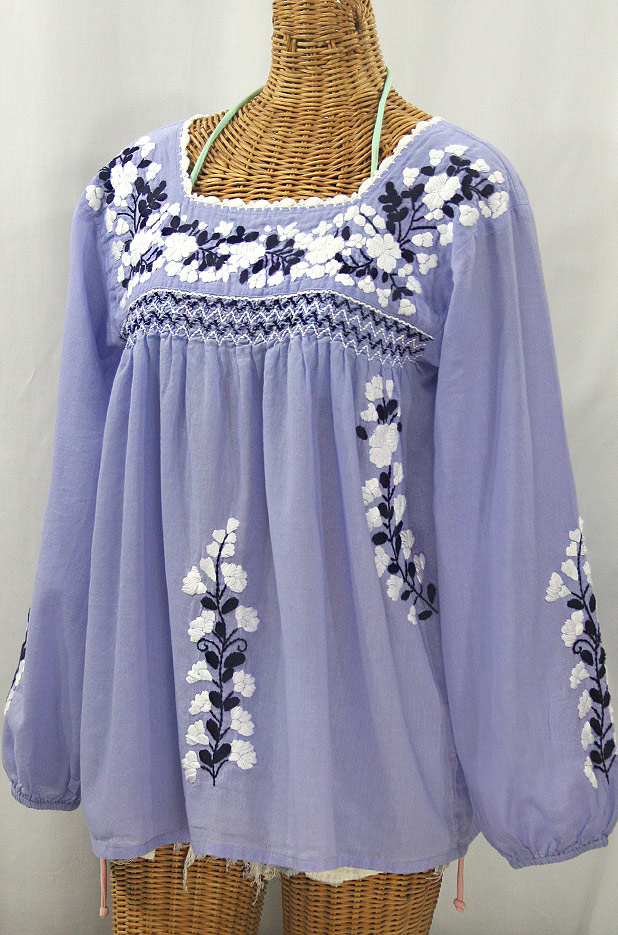 "La Marina Larga" Embroidered Long Sleeve Peasant Blouse - Periwinkle + White and Navy