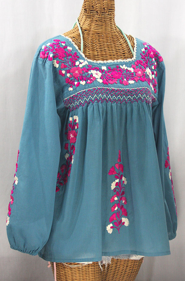 "La Marina Larga" Embroidered Long Sleeve Peasant Blouse - Pool + Bright Pink Mix