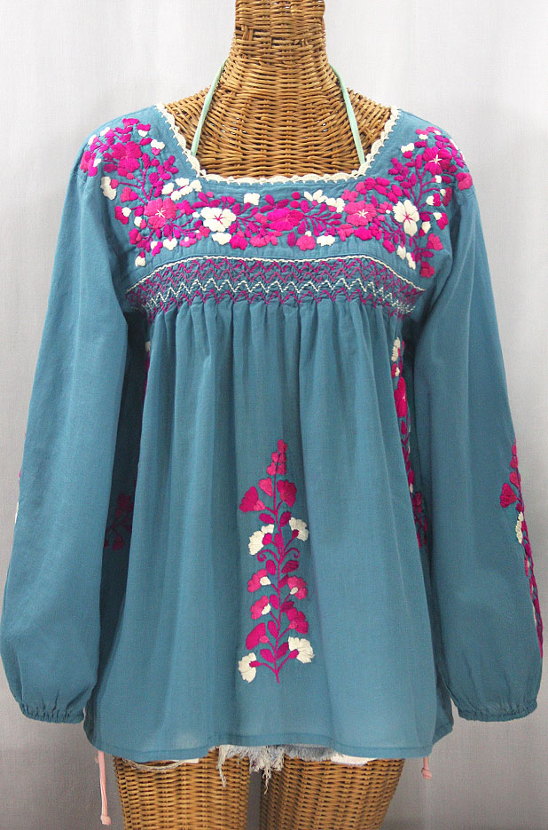 "La Marina Larga" Embroidered Long Sleeve Peasant Blouse - Pool + Bright Pink Mix