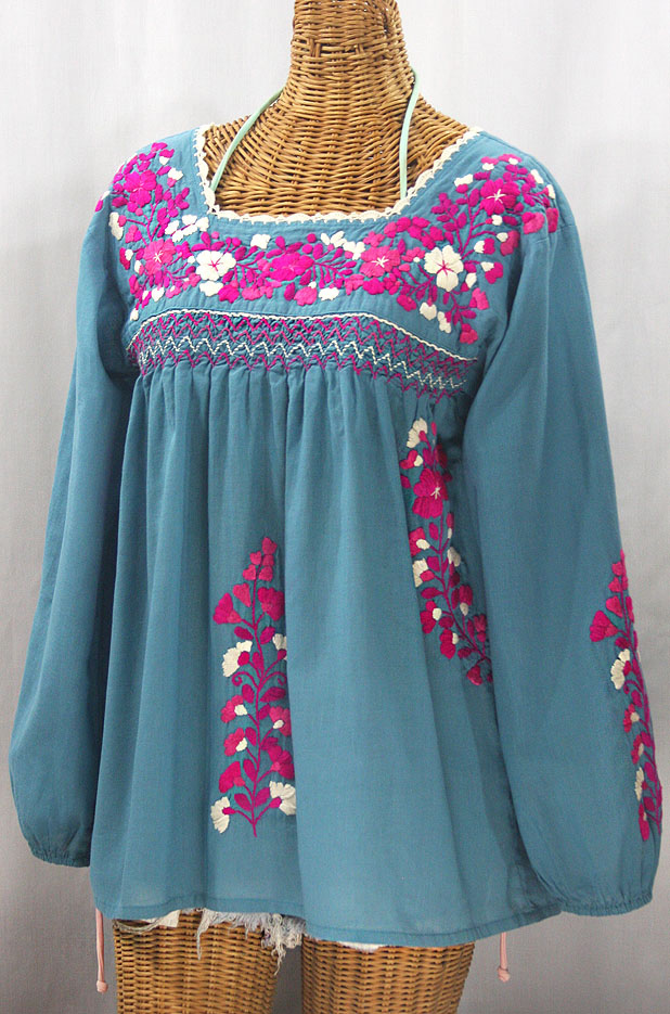 "La Marina Larga" Embroidered Long Sleeve Peasant Blouse - Pool + Bright Pink Mix