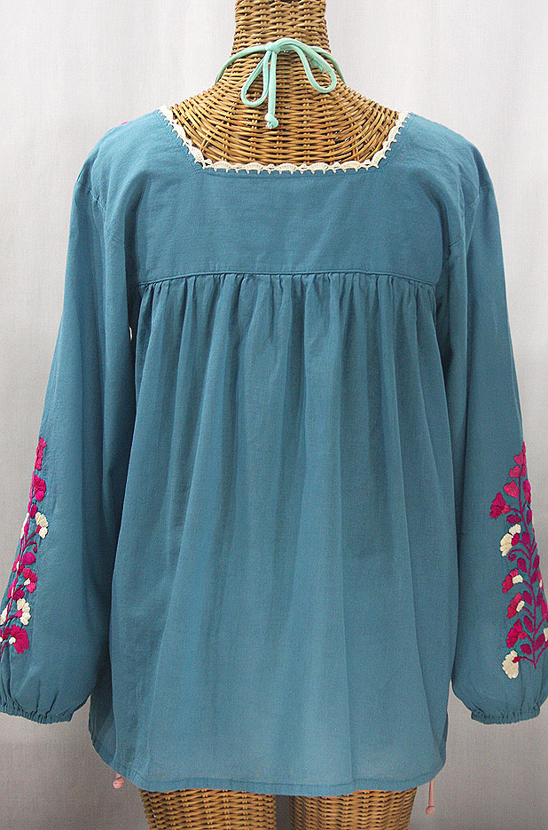 "La Marina Larga" Embroidered Long Sleeve Peasant Blouse - Pool + Bright Pink Mix