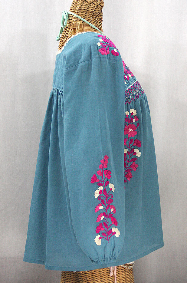 "La Marina Larga" Embroidered Long Sleeve Peasant Blouse - Pool + Bright Pink Mix