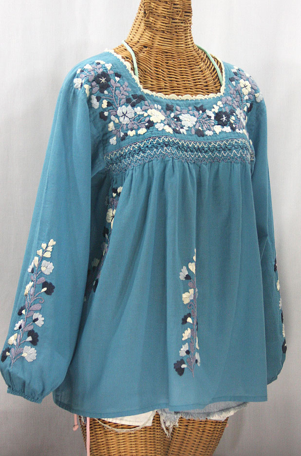 "La Marina Larga" Embroidered Long Sleeve Peasant Blouse - Pool + Grey Mix