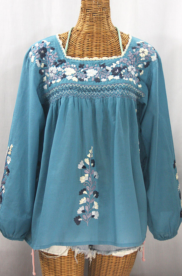 "La Marina Larga" Embroidered Long Sleeve Peasant Blouse - Pool + Grey Mix