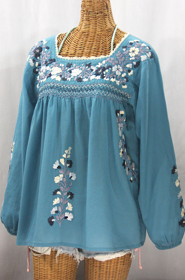 "La Marina Larga" Embroidered Long Sleeve Peasant Blouse - Pool + Grey Mix