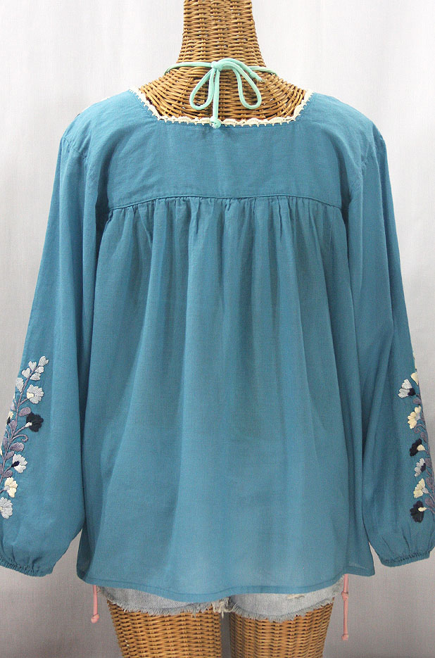 "La Marina Larga" Embroidered Long Sleeve Peasant Blouse - Pool + Grey Mix