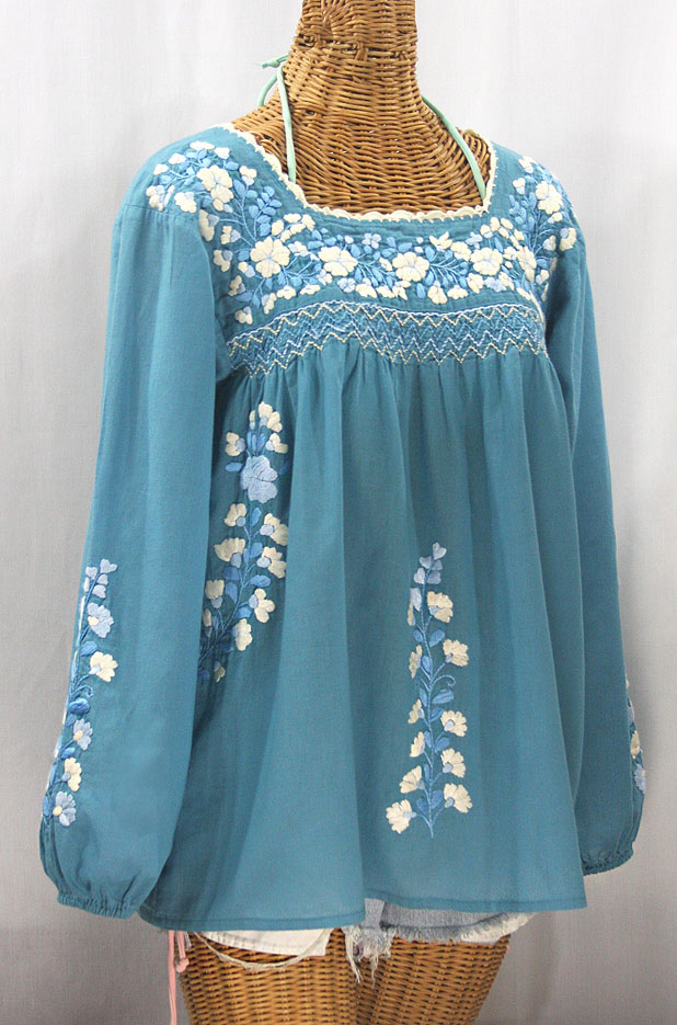 "La Marina Larga" Embroidered Long Sleeve Peasant Blouse - Pool + Blue Mix