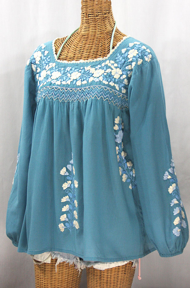 "La Marina Larga" Embroidered Long Sleeve Peasant Blouse - Pool + Blue Mix