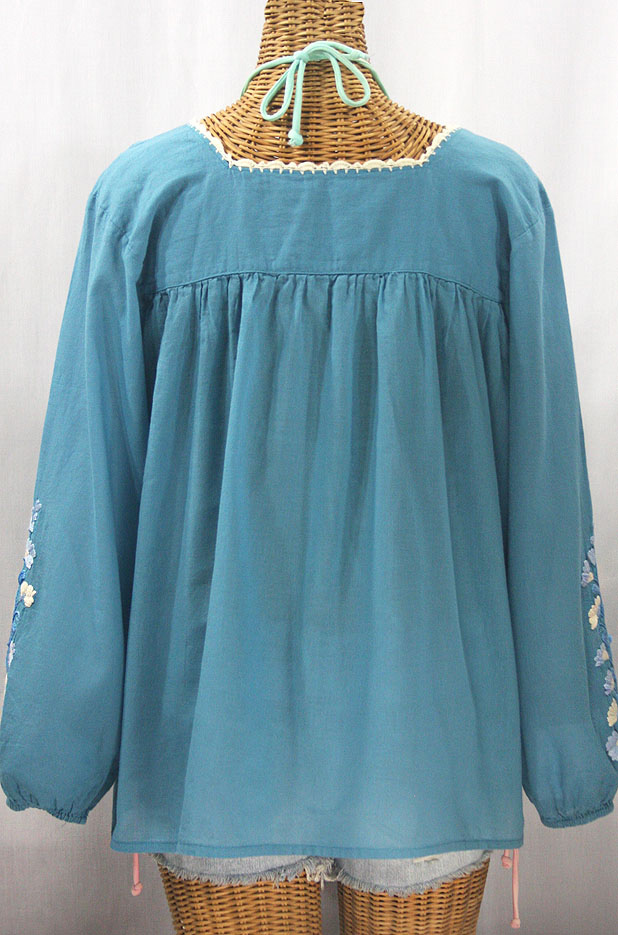 "La Marina Larga" Embroidered Long Sleeve Peasant Blouse - Pool + Blue Mix