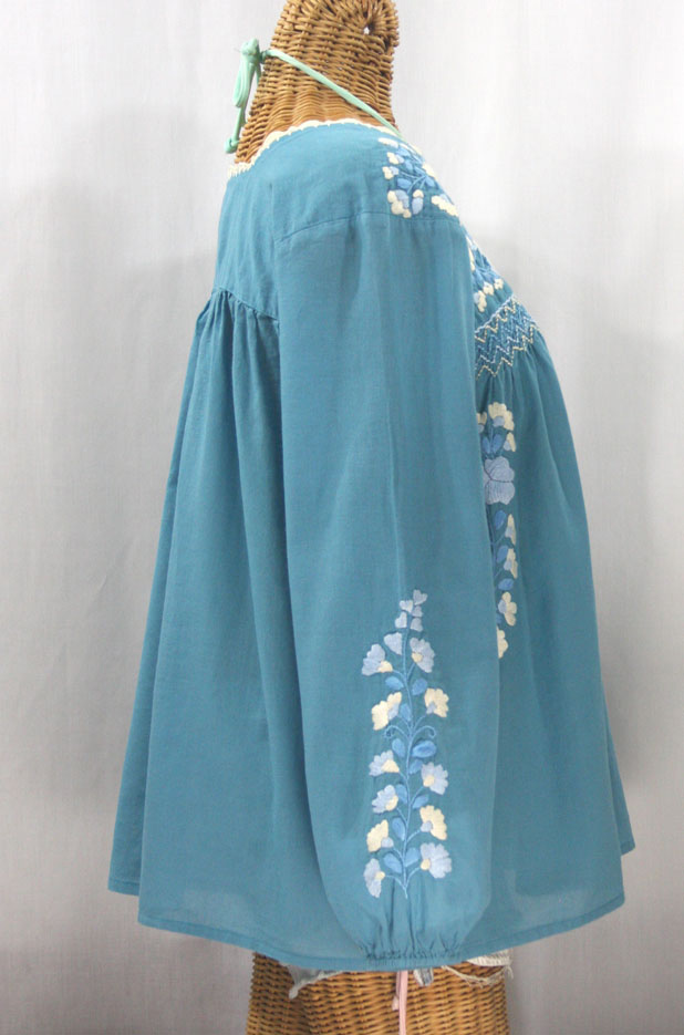 "La Marina Larga" Embroidered Long Sleeve Peasant Blouse - Pool + Blue Mix