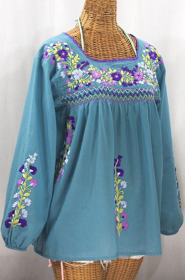 "La Marina Larga" Embroidered Long Sleeve Peasant Blouse - Pool + Purple Multi