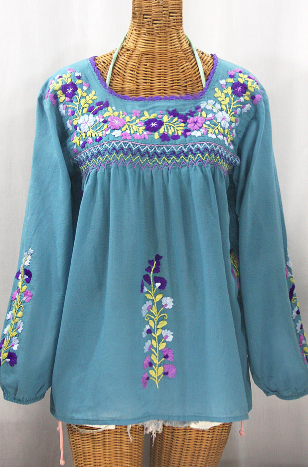 "La Marina Larga" Embroidered Long Sleeve Peasant Blouse - Pool + Purple Multi