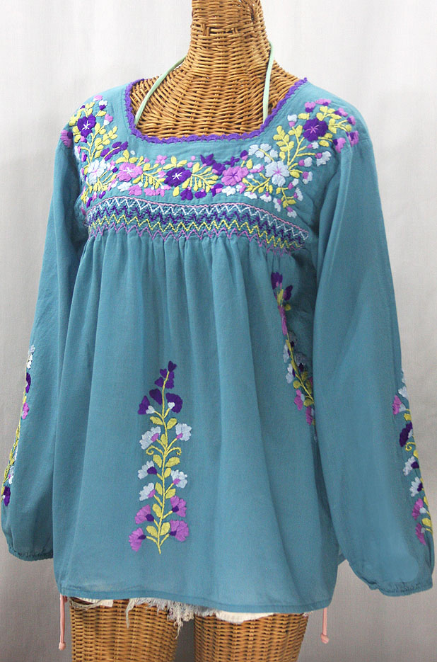 "La Marina Larga" Embroidered Long Sleeve Peasant Blouse - Pool + Purple Multi