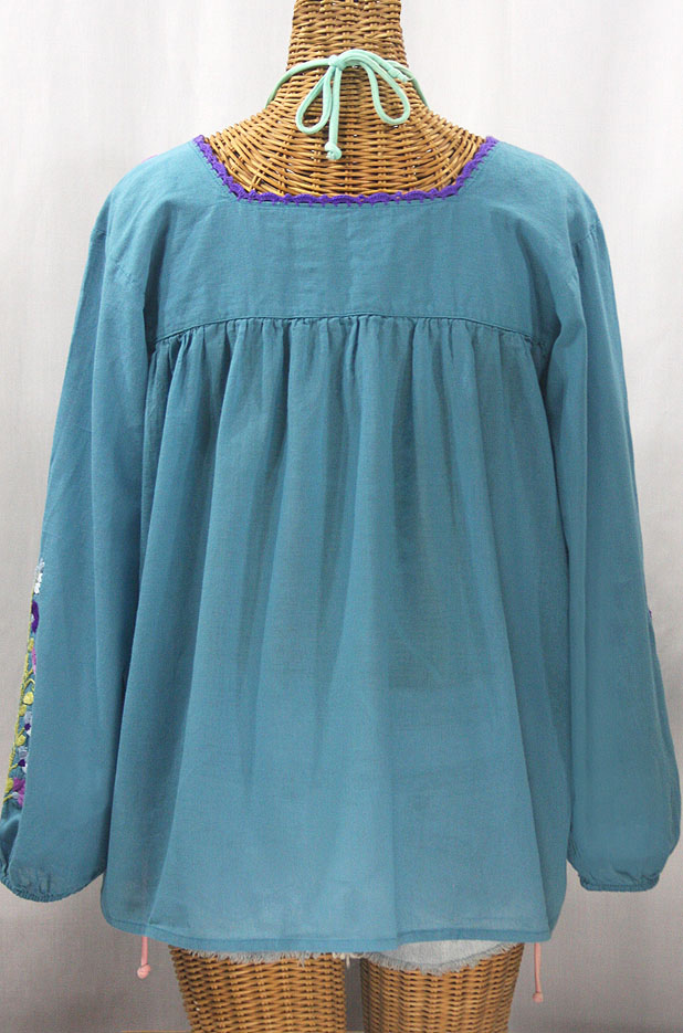 "La Marina Larga" Embroidered Long Sleeve Peasant Blouse - Pool + Purple Multi