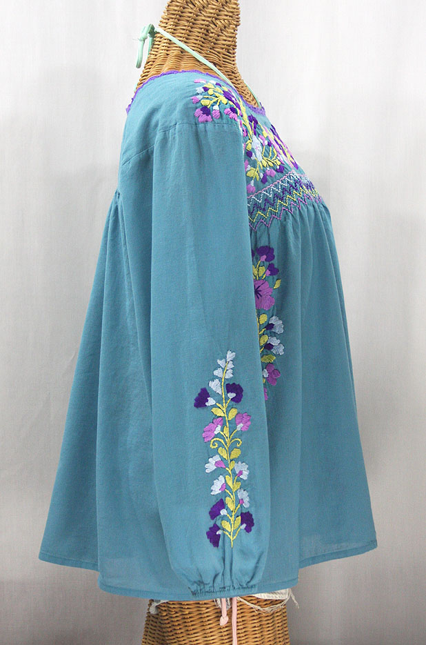 "La Marina Larga" Embroidered Long Sleeve Peasant Blouse - Pool + Purple Multi