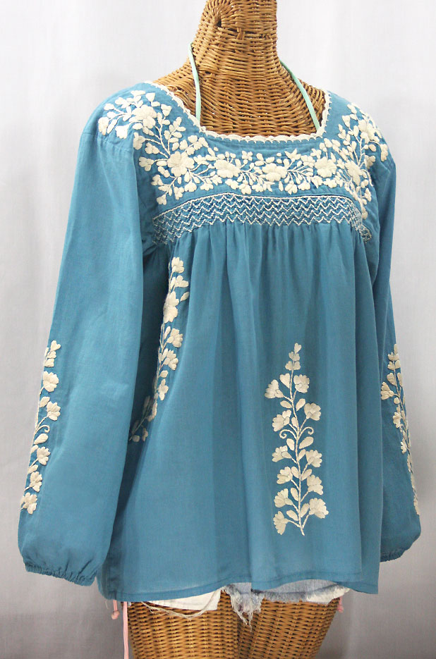 "La Marina Larga" Embroidered Long Sleeve Peasant Blouse - Pool + Cream