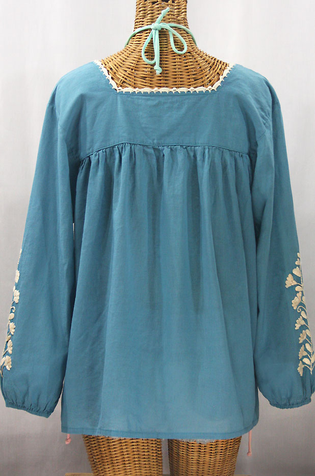 "La Marina Larga" Embroidered Long Sleeve Peasant Blouse - Pool + Cream