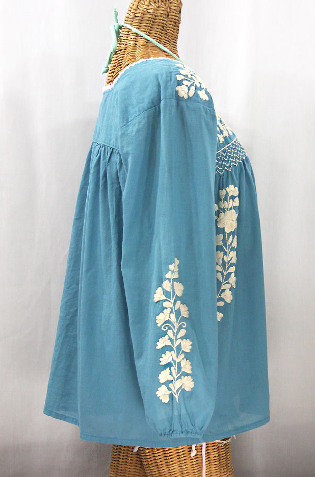 "La Marina Larga" Embroidered Long Sleeve Peasant Blouse - Pool + Cream