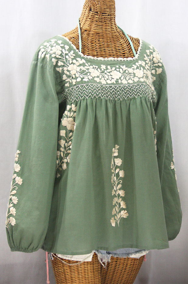 "La Marina Larga" Embroidered Long Sleeve Peasant Blouse - Sage + Cream