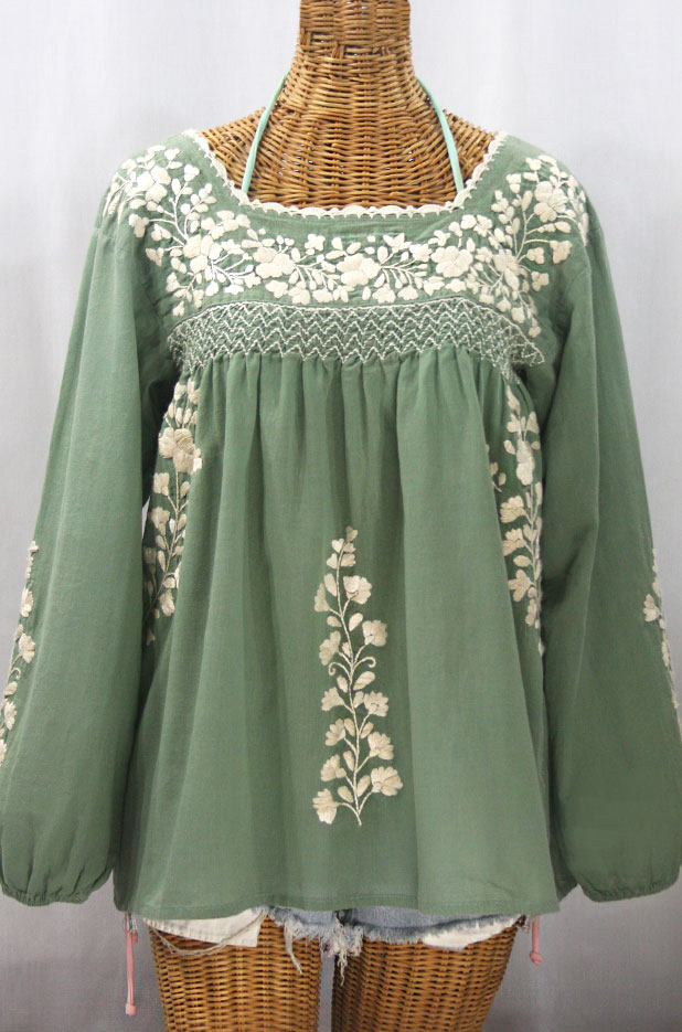 "La Marina Larga" Embroidered Long Sleeve Peasant Blouse - Sage + Cream