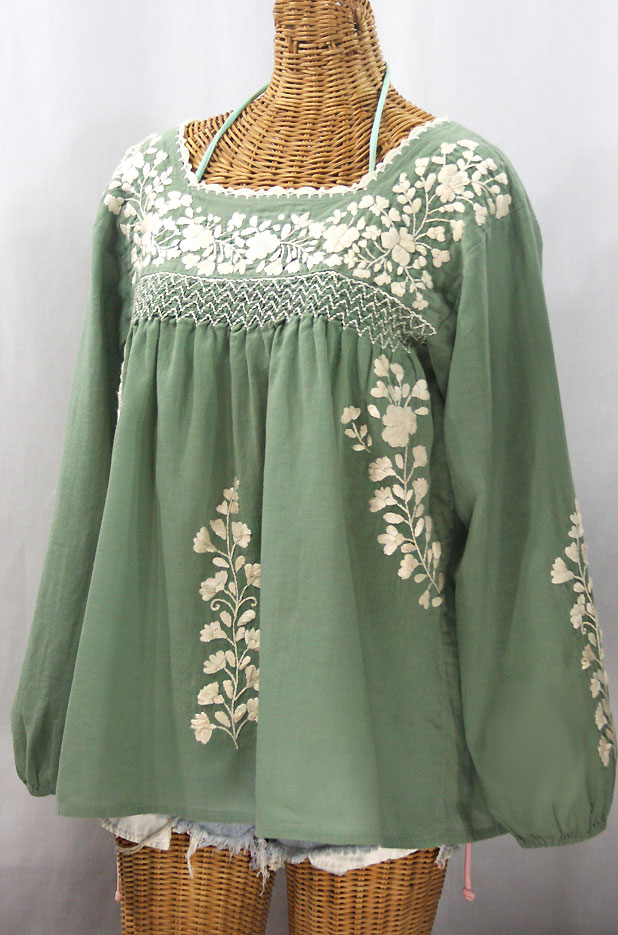 "La Marina Larga" Embroidered Long Sleeve Peasant Blouse - Sage + Cream