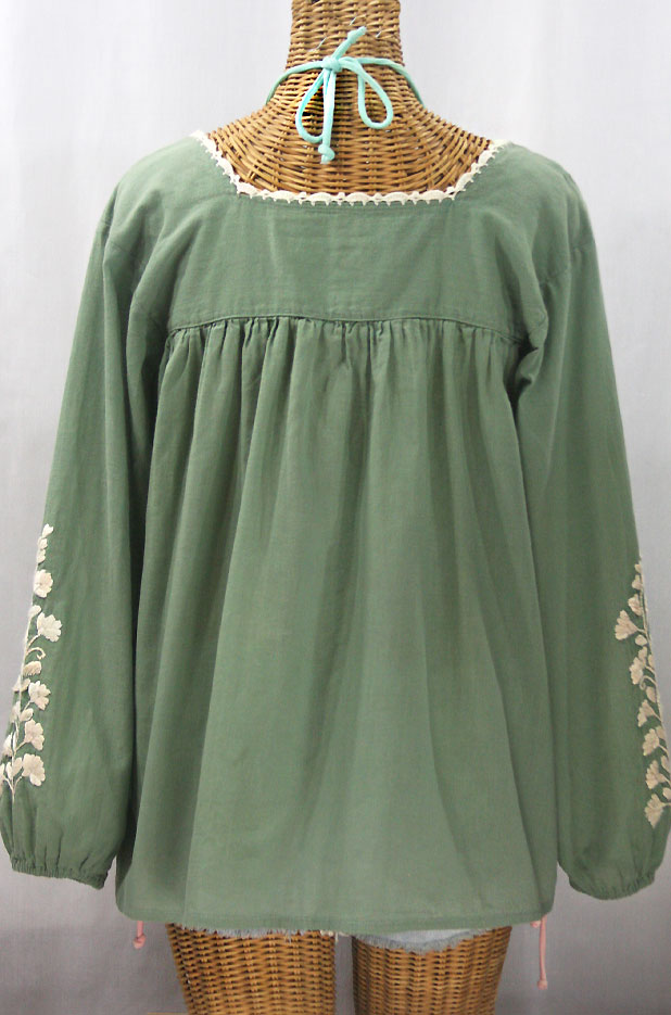 "La Marina Larga" Embroidered Long Sleeve Peasant Blouse - Sage + Cream