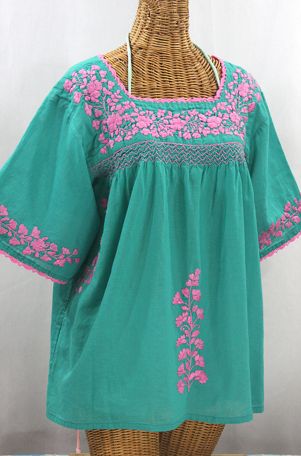 "La Marina" Embroidered Mexican Style Peasant Top - Mint + Pink