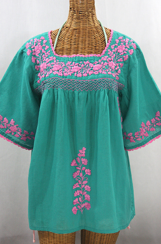 "La Marina" Embroidered Mexican Style Peasant Top - Mint + Pink