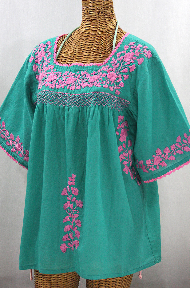 "La Marina" Embroidered Mexican Style Peasant Top - Mint + Pink