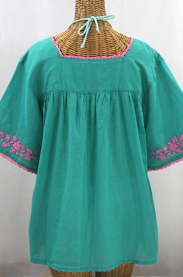 "La Marina" Embroidered Mexican Style Peasant Top - Mint + Pink