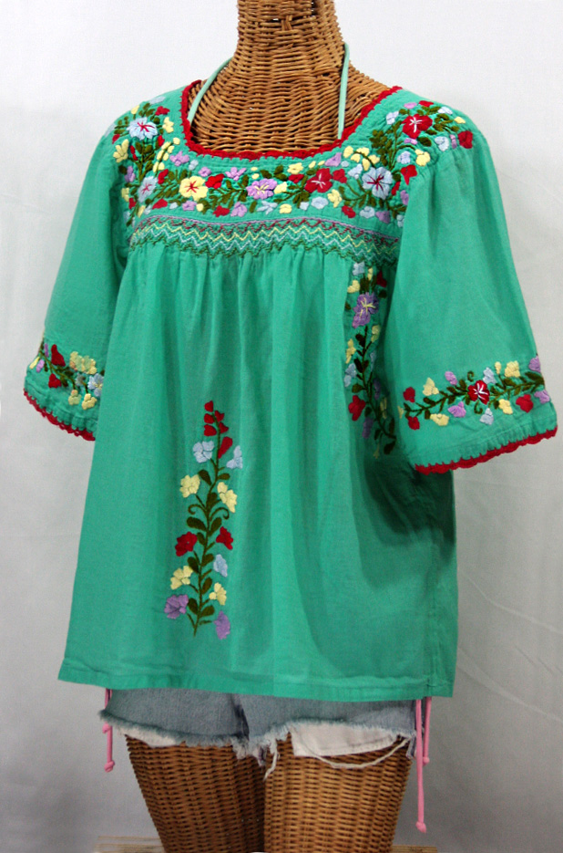 "La Marina" Embroidered Mexican Peasant Blouse - Mint + Red Trim