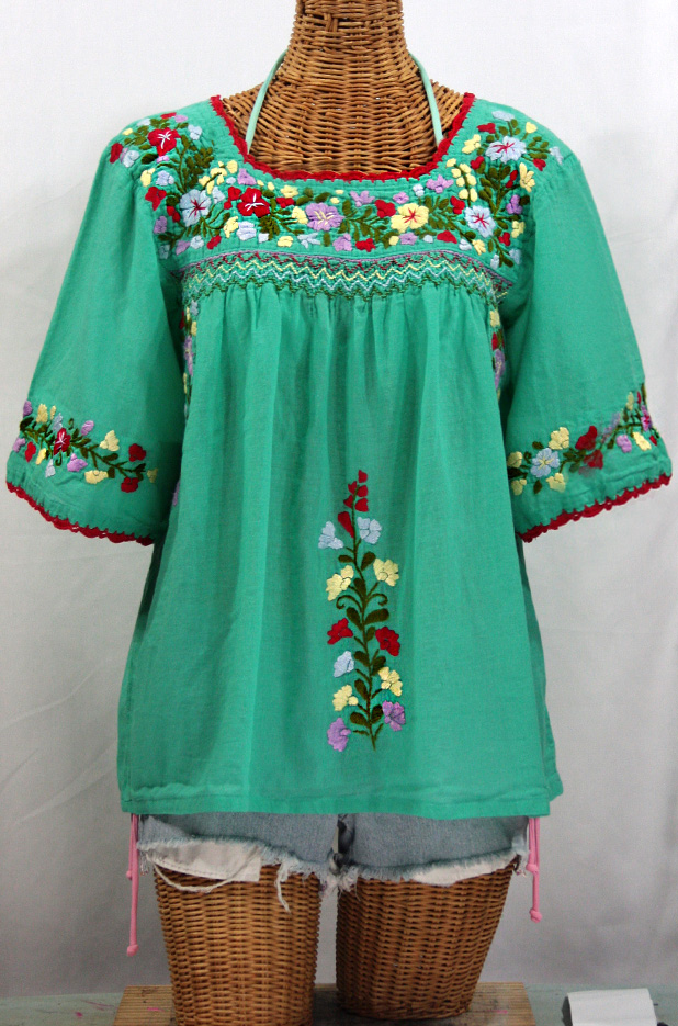 "La Marina" Embroidered Mexican Peasant Blouse - Mint + Red Trim