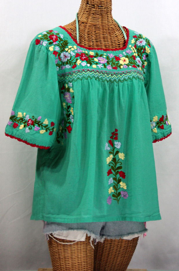 "La Marina" Embroidered Mexican Peasant Blouse - Mint + Red Trim