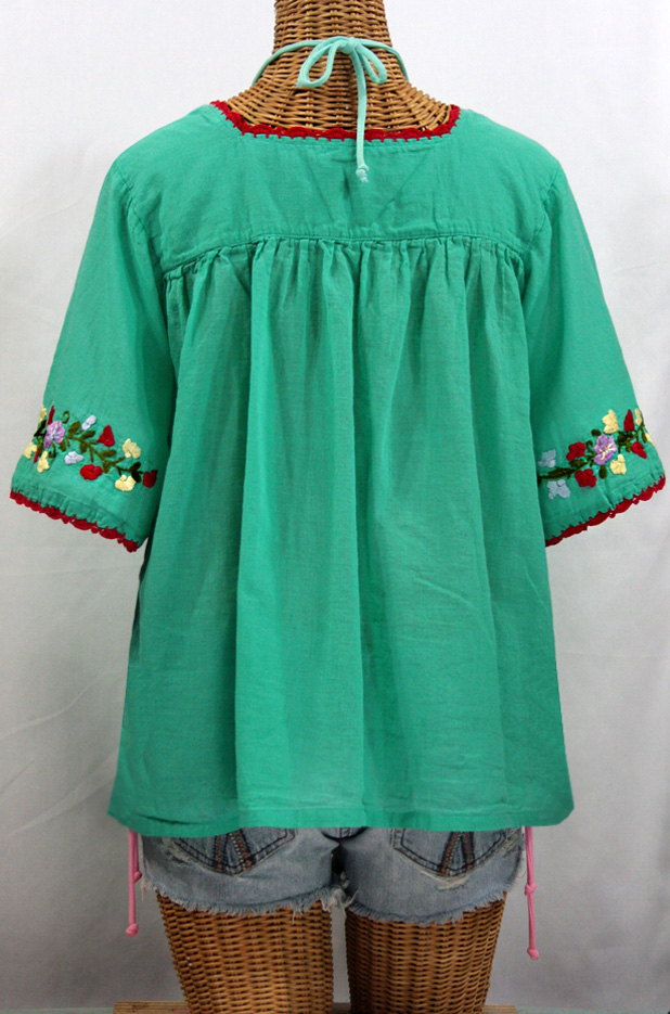 "La Marina" Embroidered Mexican Peasant Blouse - Mint + Red Trim