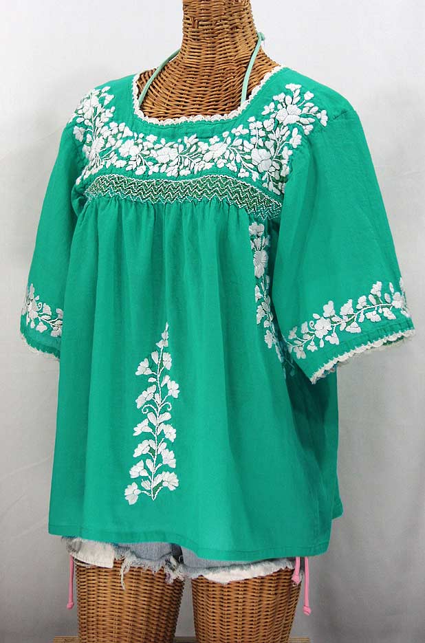 "La Marina" Embroidered Mexican Blouse - Mint Green + White Embroidery