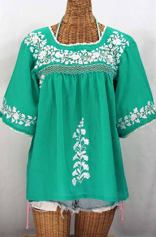 "La Marina" Embroidered Mexican Blouse - Mint Green + White Embroidery