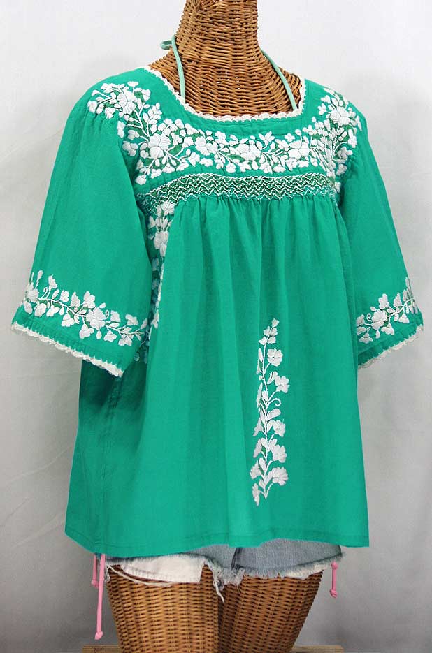 "La Marina" Embroidered Mexican Blouse - Mint Green + White Embroidery