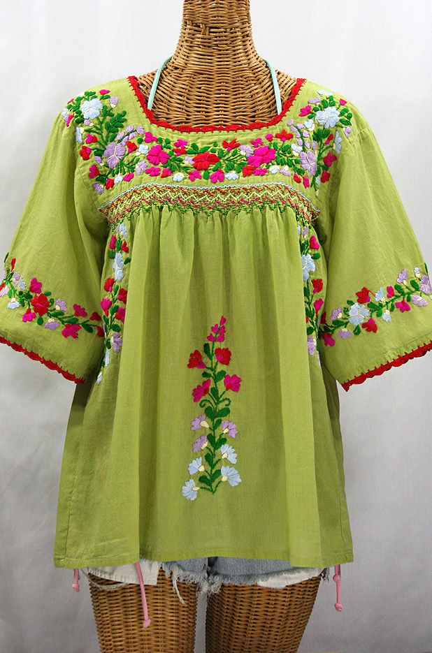 "La Marina" Embroidered Mexican Peasant Blouse -Moss Green + Multi