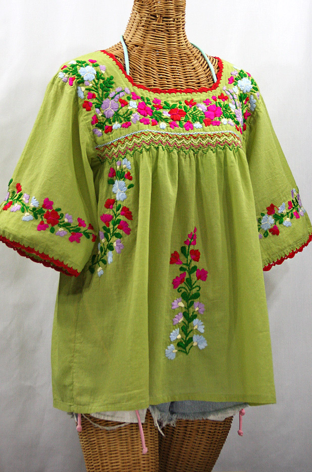 "La Marina" Embroidered Mexican Peasant Blouse -Moss Green + Multi