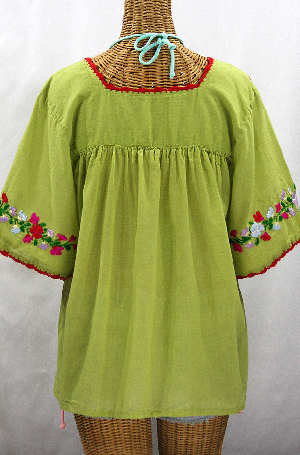 "La Marina" Embroidered Mexican Peasant Blouse -Moss Green + Multi