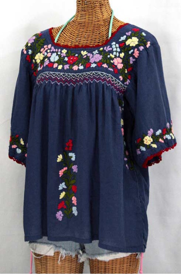 "La Marina" Embroidered Mexican Peasant Blouse -Navy + Red Trim