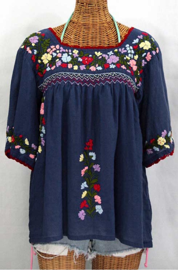 "La Marina" Embroidered Mexican Peasant Blouse -Navy + Red Trim