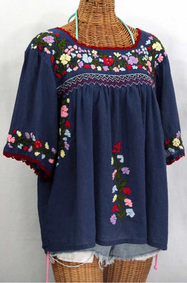 "La Marina" Embroidered Mexican Peasant Blouse -Navy + Red Trim