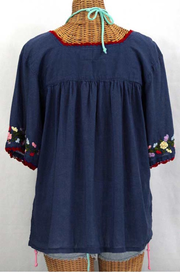 "La Marina" Embroidered Mexican Peasant Blouse -Navy + Red Trim