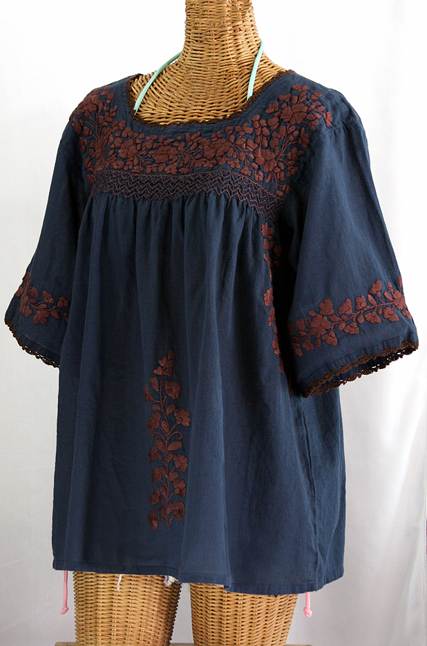 "La Marina" Embroidered Mexican Blouse - Navy + Brown Embroidery